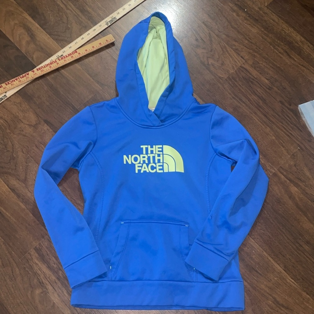 The North Face Blue Hoodie with Yellow Accents